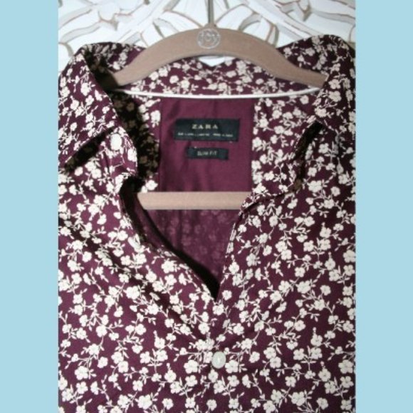 Zara Slim Fit Daisy Floral Print Berry & Off White Button Down Shirt - Picture 6 of 9